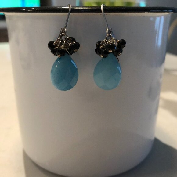 Hand Crafted Sterling Silver .925 Lever Back Dangle Earrings Blue + Black Sz OS - Picture 1 of 7